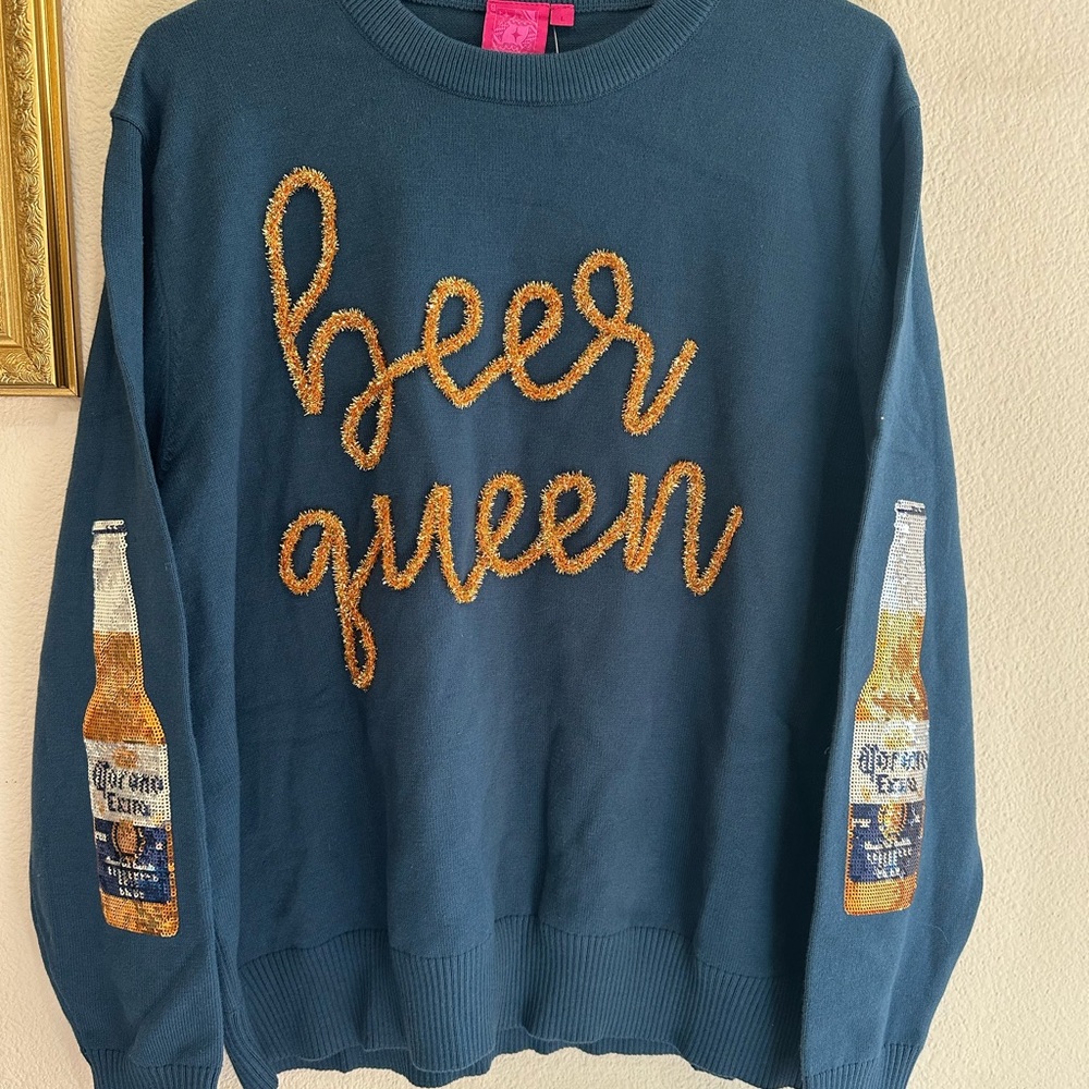 Beer Queen Embellished Sweatshirt - Teal with Gold Script
